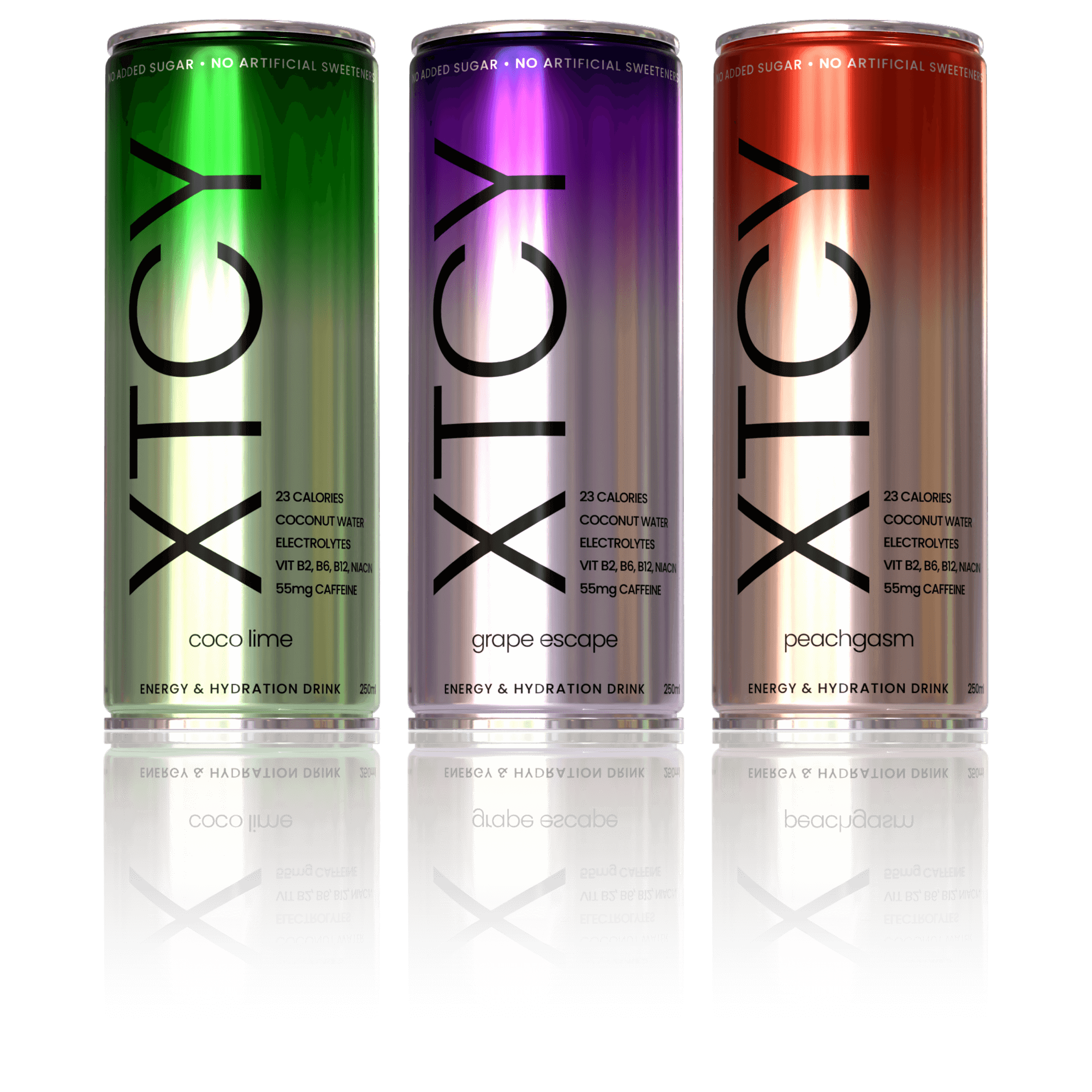 Three XT CY energy drink cans in coco lime, grape escape, and peachgasm flavors with 23 calories, electrolytes, and zero added sugar.